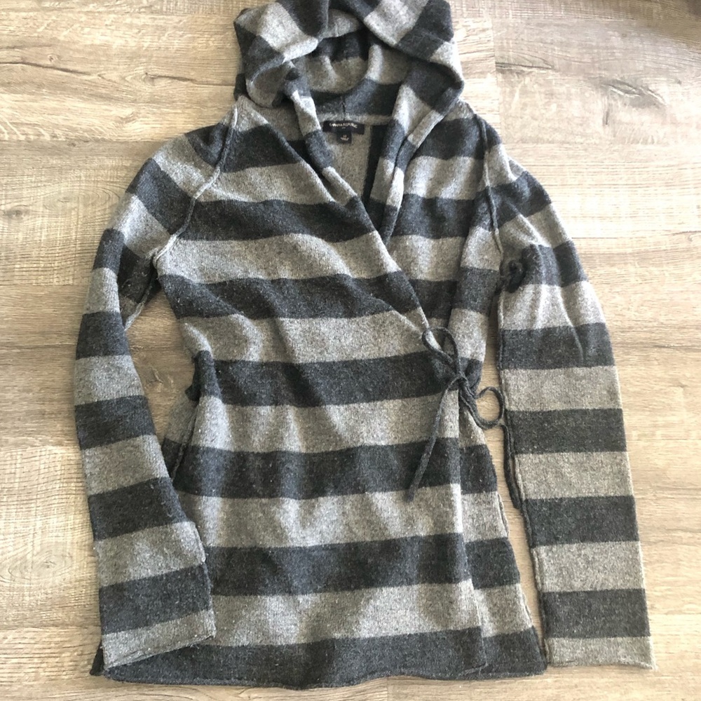 Striped Wraparound hoodie cashmere blend sweater.